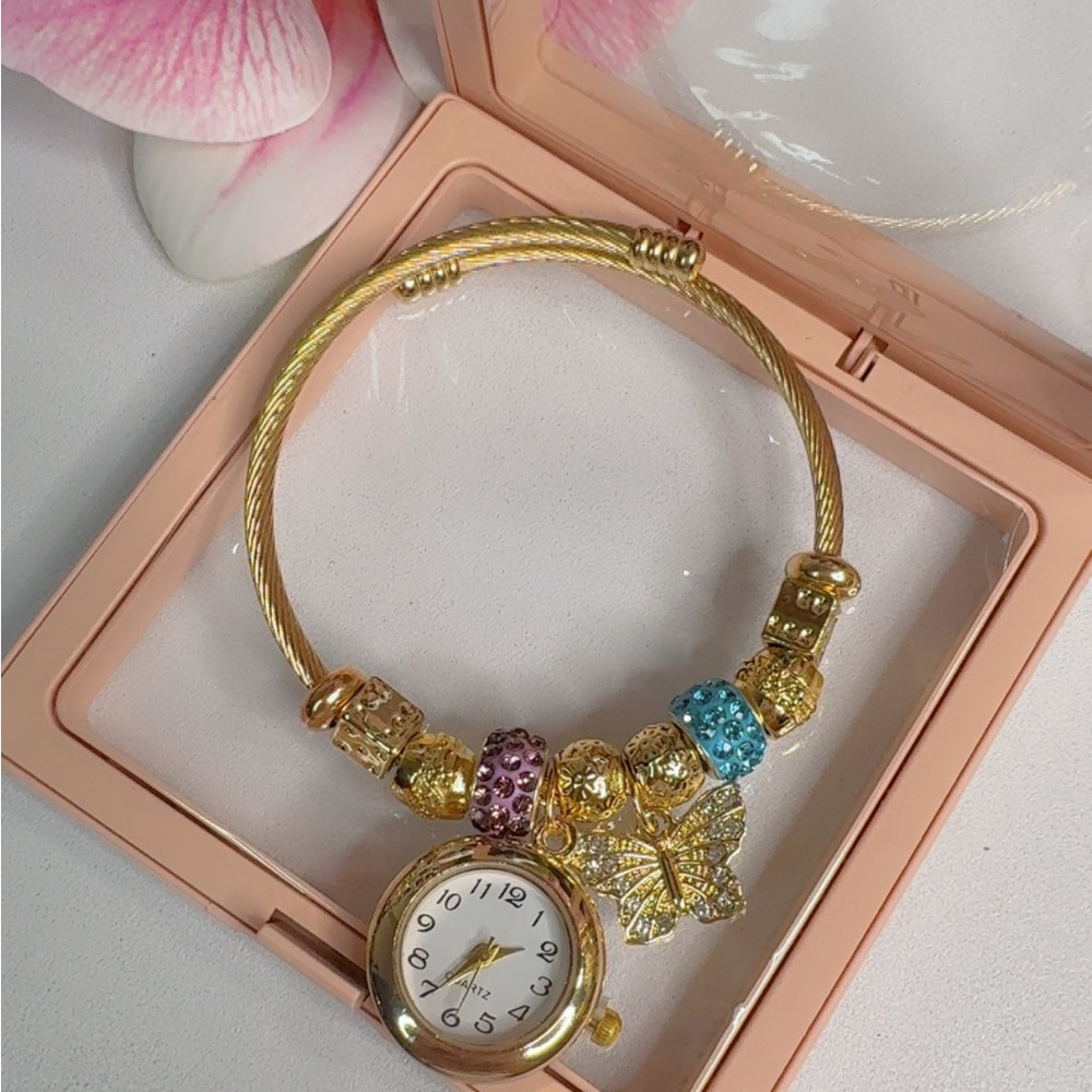 Gold and Multicolor Beaded Stainless 14K Gold Plated Steel Bracelet Watch